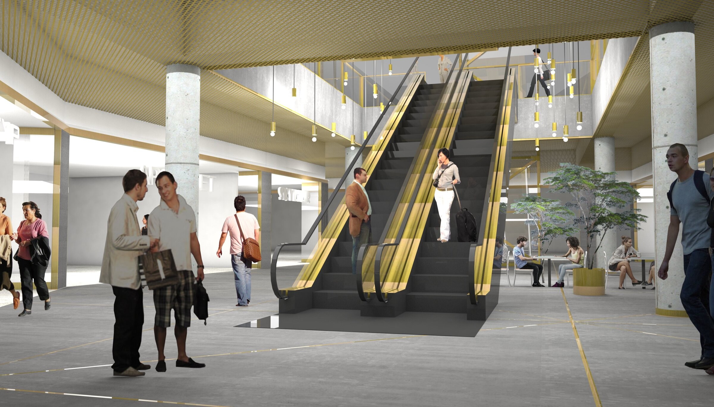 Hela gallerian totalrenoveras. Dessutom bygger vi ett nytt våningsplan med Nordens modernaste filmpalats. Modern inomhusyta med rulltrappor, människor som samtalar och sittområden med grönska.