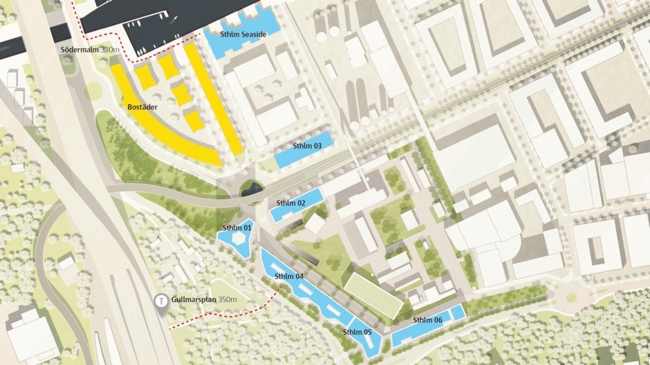 Karta över stadsutveckling med bostadsområden, vattenvägar och viktiga platser markerade i Stockholm.