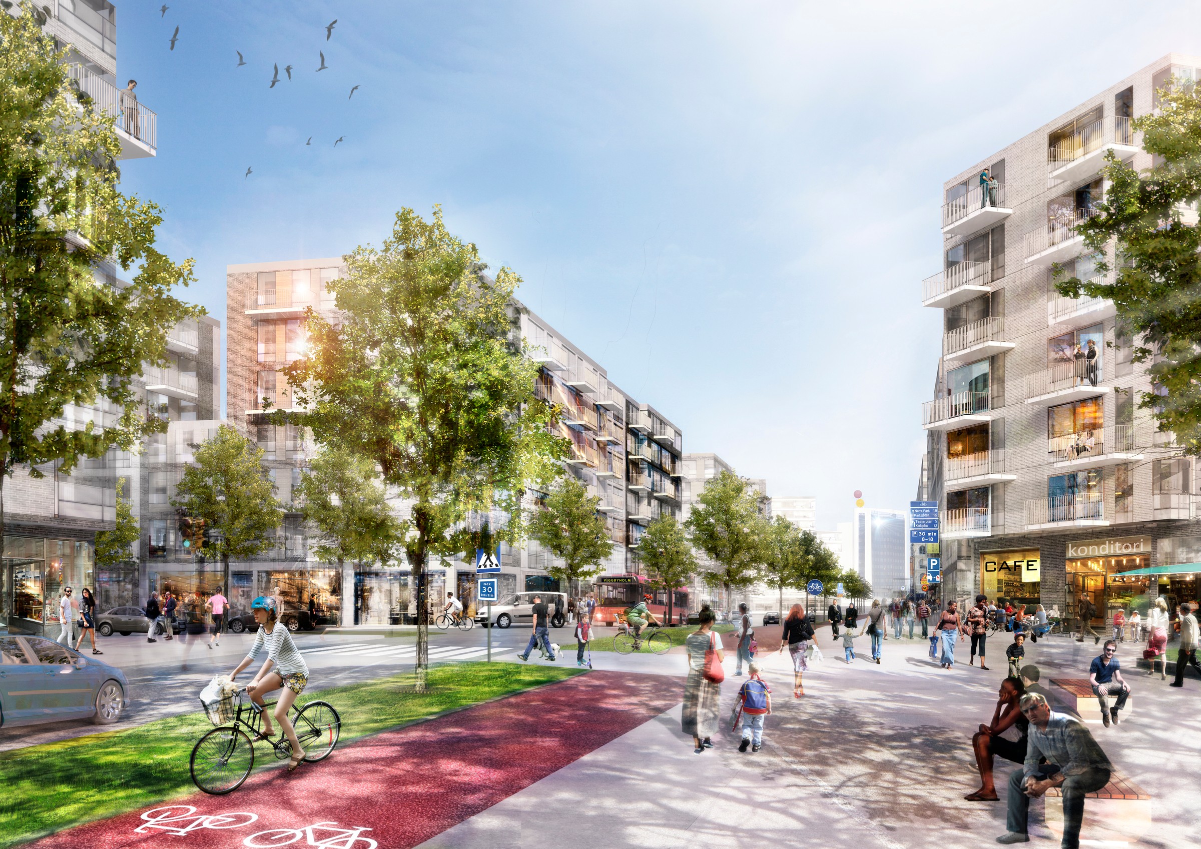 Den trivsamma kvartersstaden är målsättningen för framtidens Täby Park. Modern stadsmiljö med cyklister, fotgängare, träd och samtida byggnader under en blå himmel.