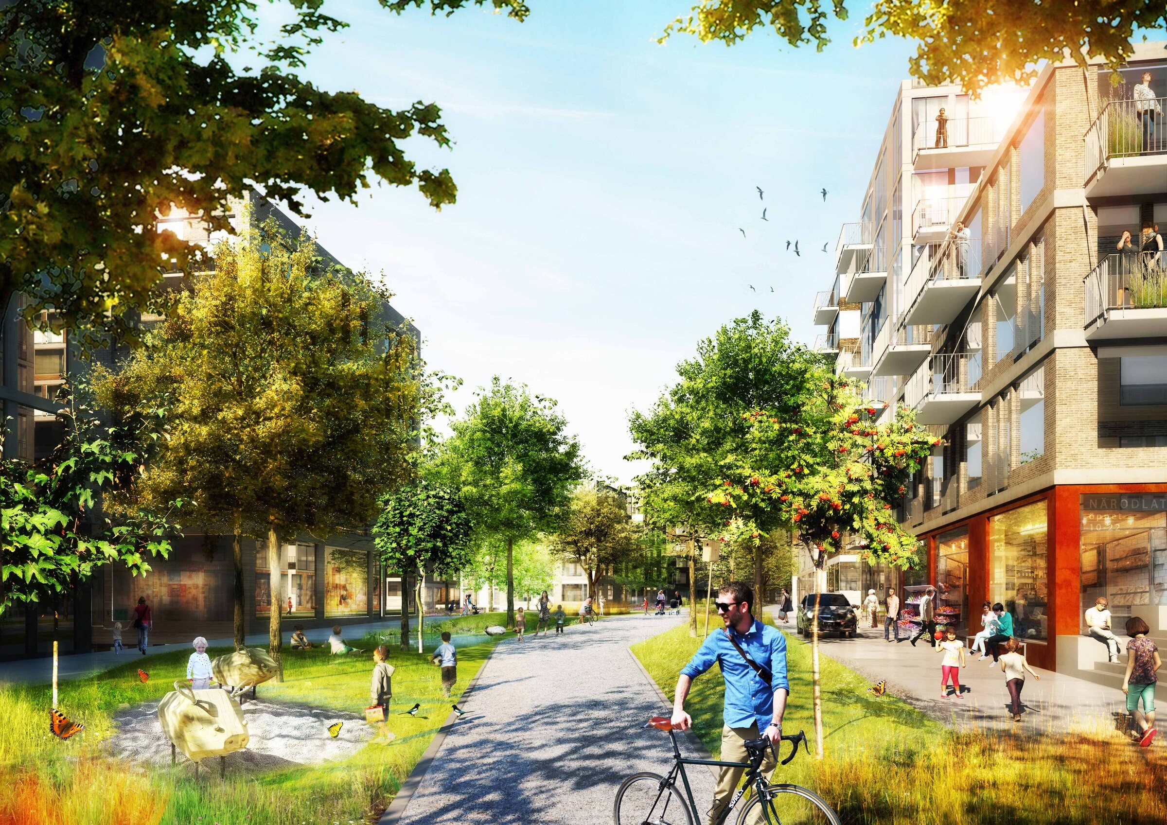 En grön slinga knyter samman Täby Park. Modern urban parkmiljö med cyklister, fotgängare och lägenhetsbyggnader under soliga himlar.