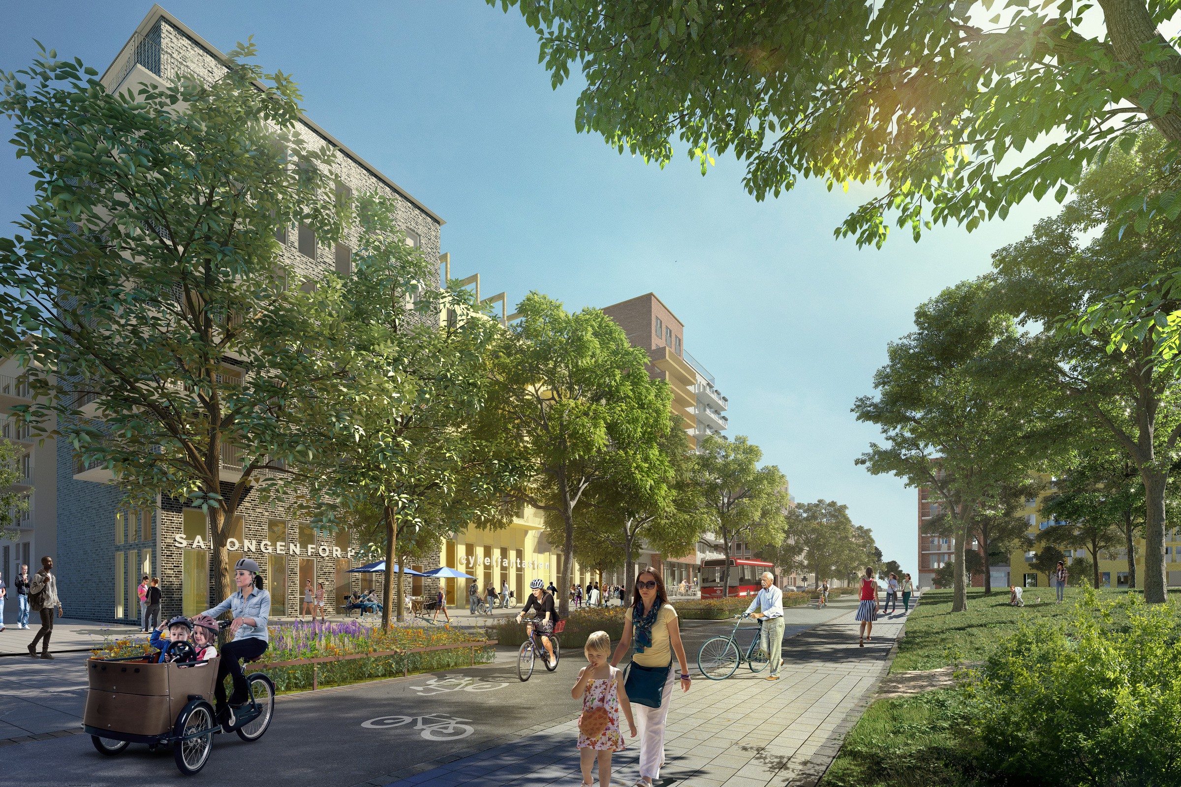 Fotgängare och cyklister ges företräde i den nya stadsdelen. En livlig stadsbild med människor som promenerar och cyklar på en trädbevuxen gata under en solig himmel.