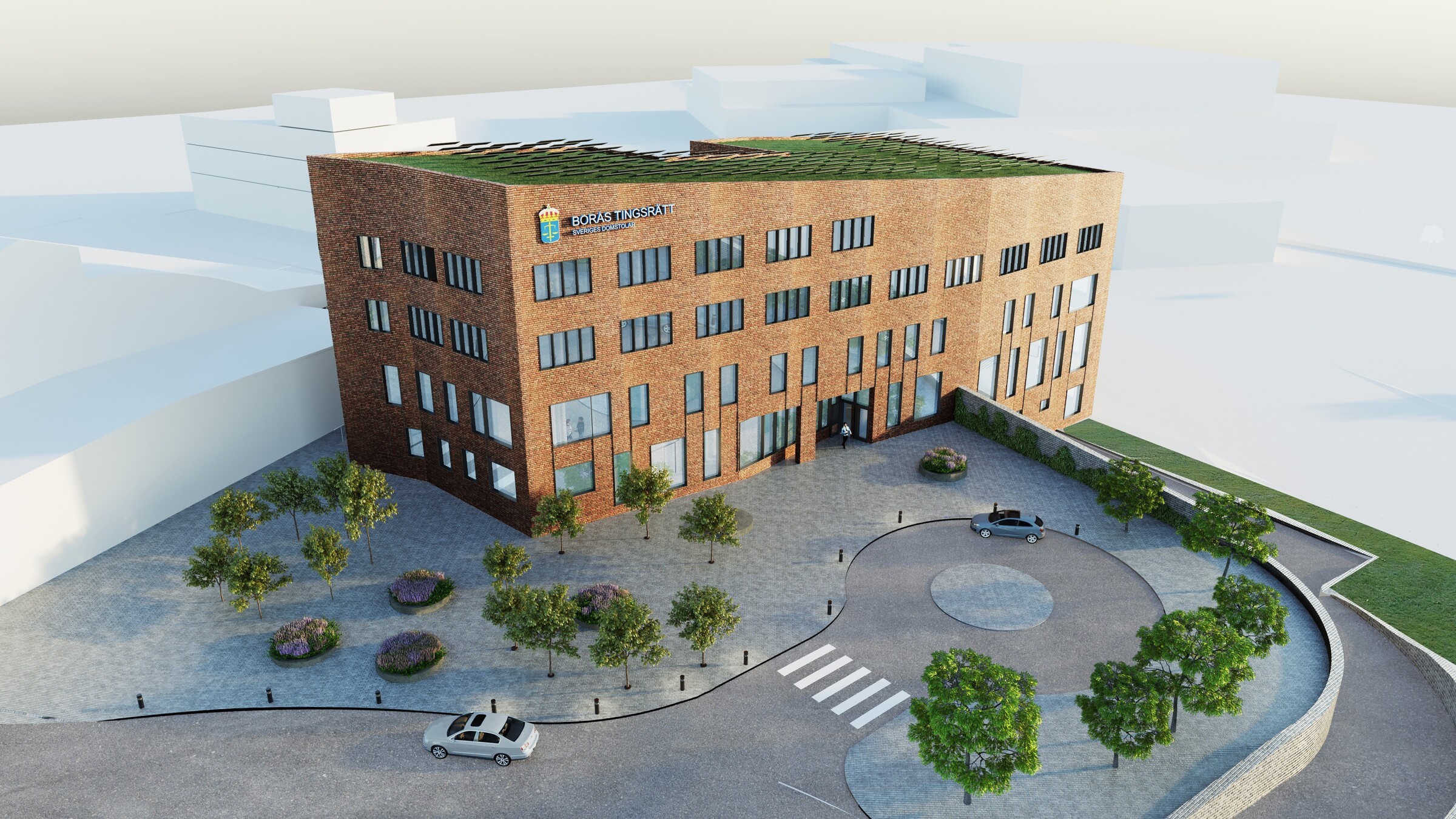 Tingsrätten har ett centralt läge intill riksväg 40, spårområdet och Boråshallen. Borås Tingsrätt översikt.
