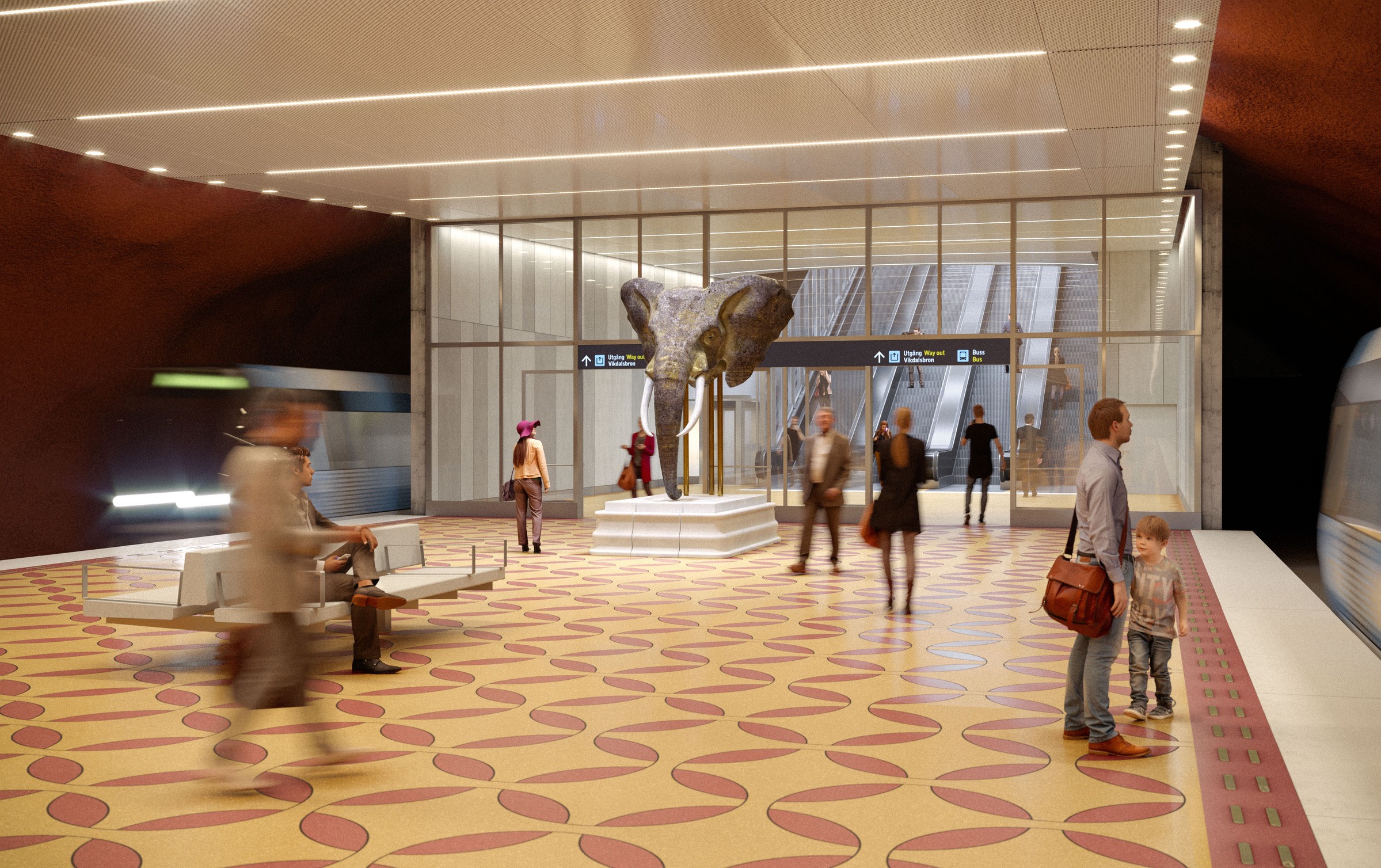 Vision av Nacka tunnelbanas plattform. Rendering av Region Stockholm och Sweco Tunnelbaneplattform med väntande människor, en skulptur av ett elefanthuvud samt rulltrappor.