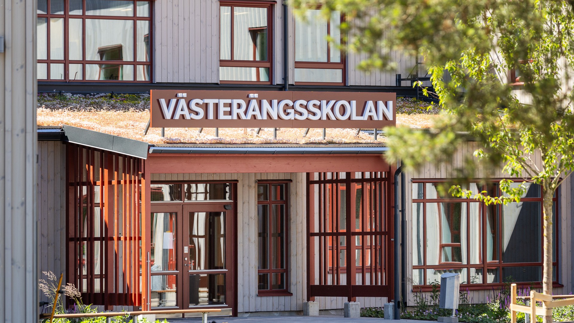 Västerängsskolans huvudentré har välkomnande glaspartier. Framsida av Västerängsskolan i Nybro med skylt, sedumtak och stora fönsterpartier.