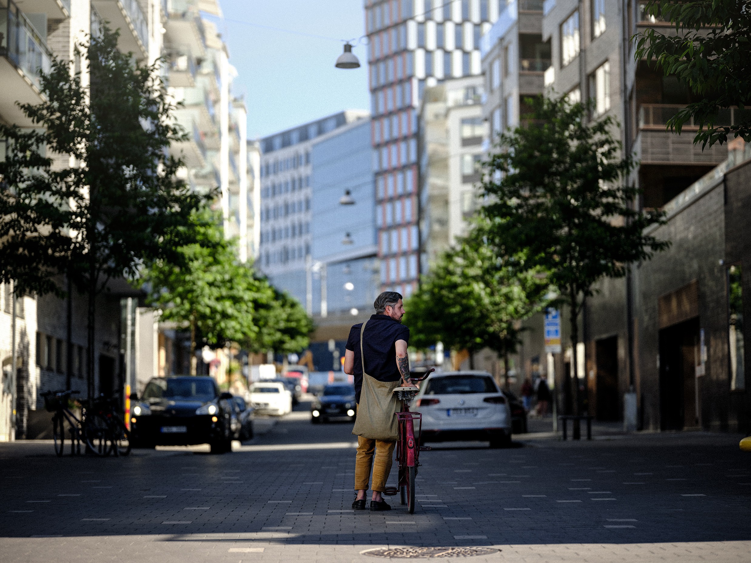 Man som går med cykel på stadsgata med moderna byggnader Man som går med en cykel längs en solbelyst stadsgata kantad av träd och moderna byggnader.