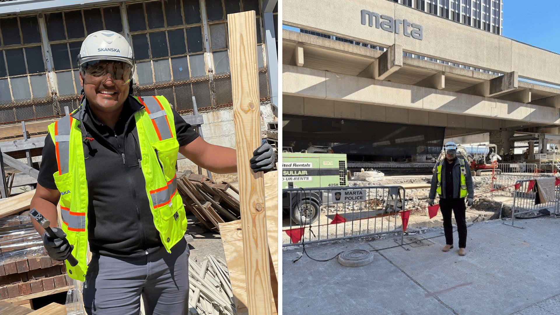 Construction worker holding wooden plank at urban site Construction worker in safety gear holding wooden plank at urban building site.