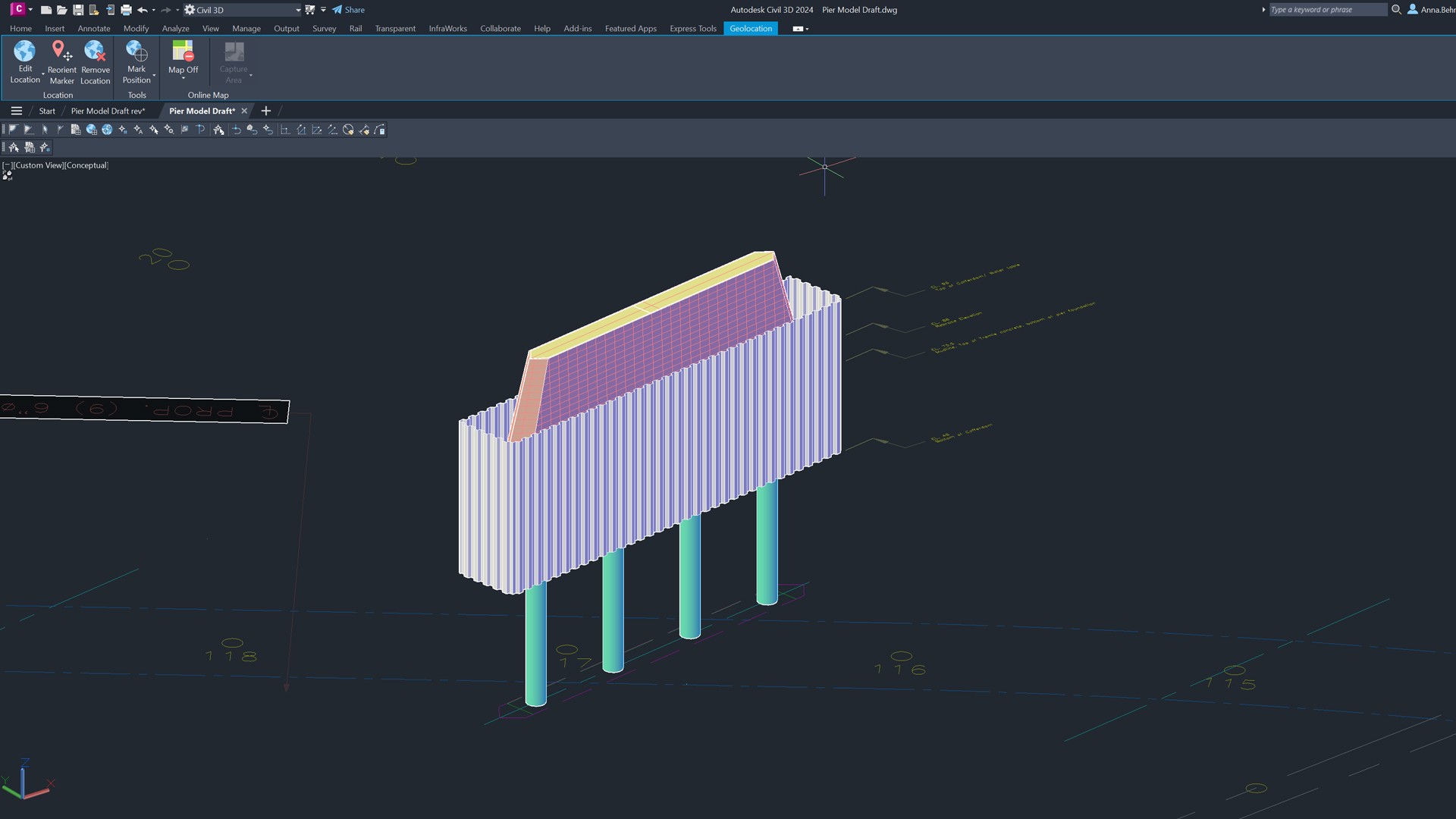 3D Structural Model of Retaining Wall with Piles in AutoCAD 3D AutoCAD model of a structural foundation with pile supports and a retaining wall.