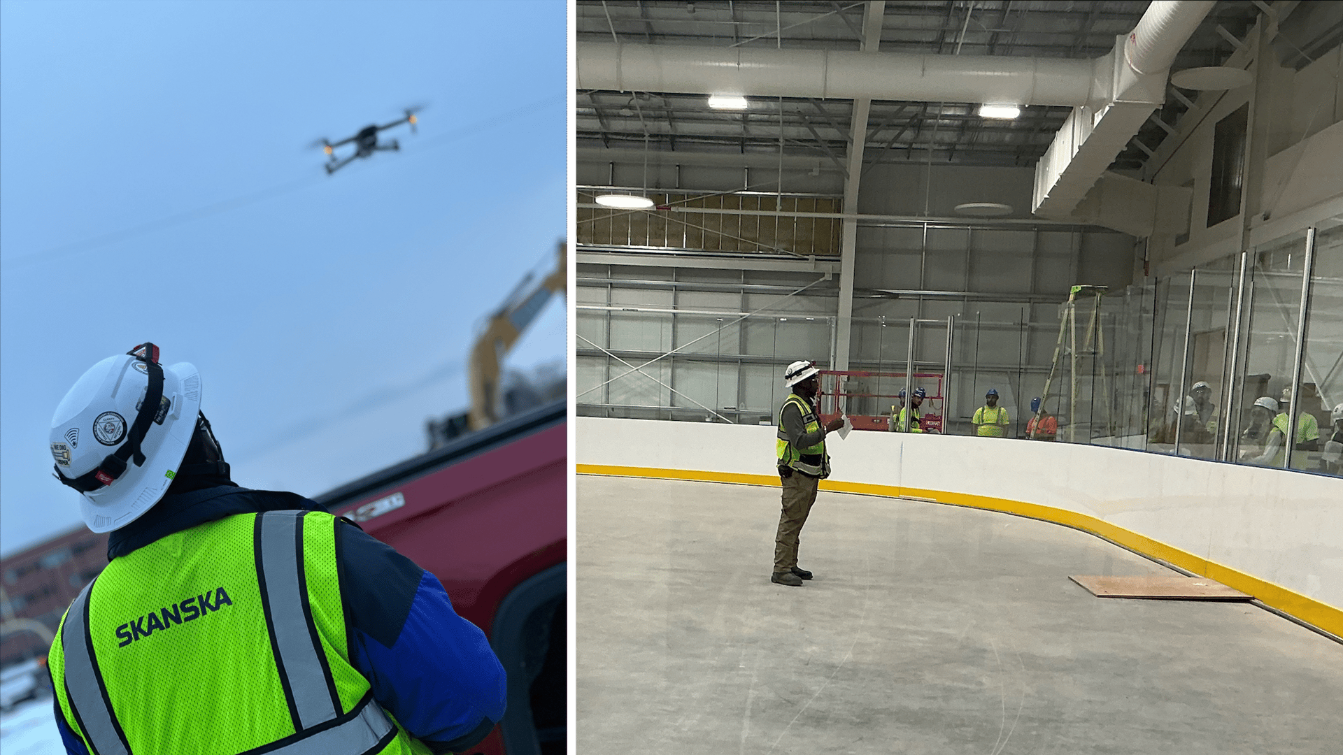Construction Worker Operating Drone for Site Inspection Safety Construction workers wearing safety gear operate drones at an industrial worksite.
