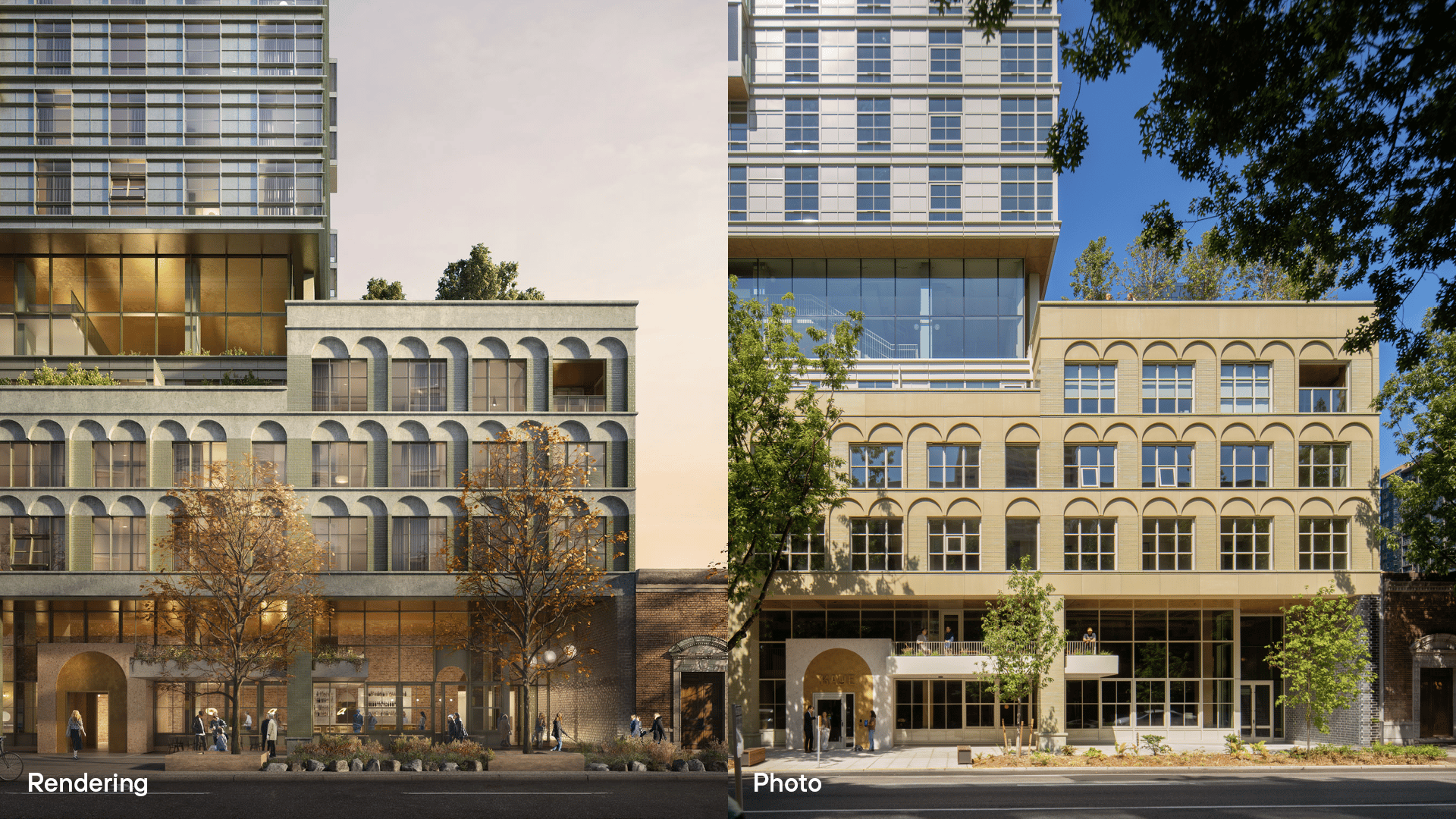Side-by-side comparison of a modern building's architectural rendering and its completed photo.