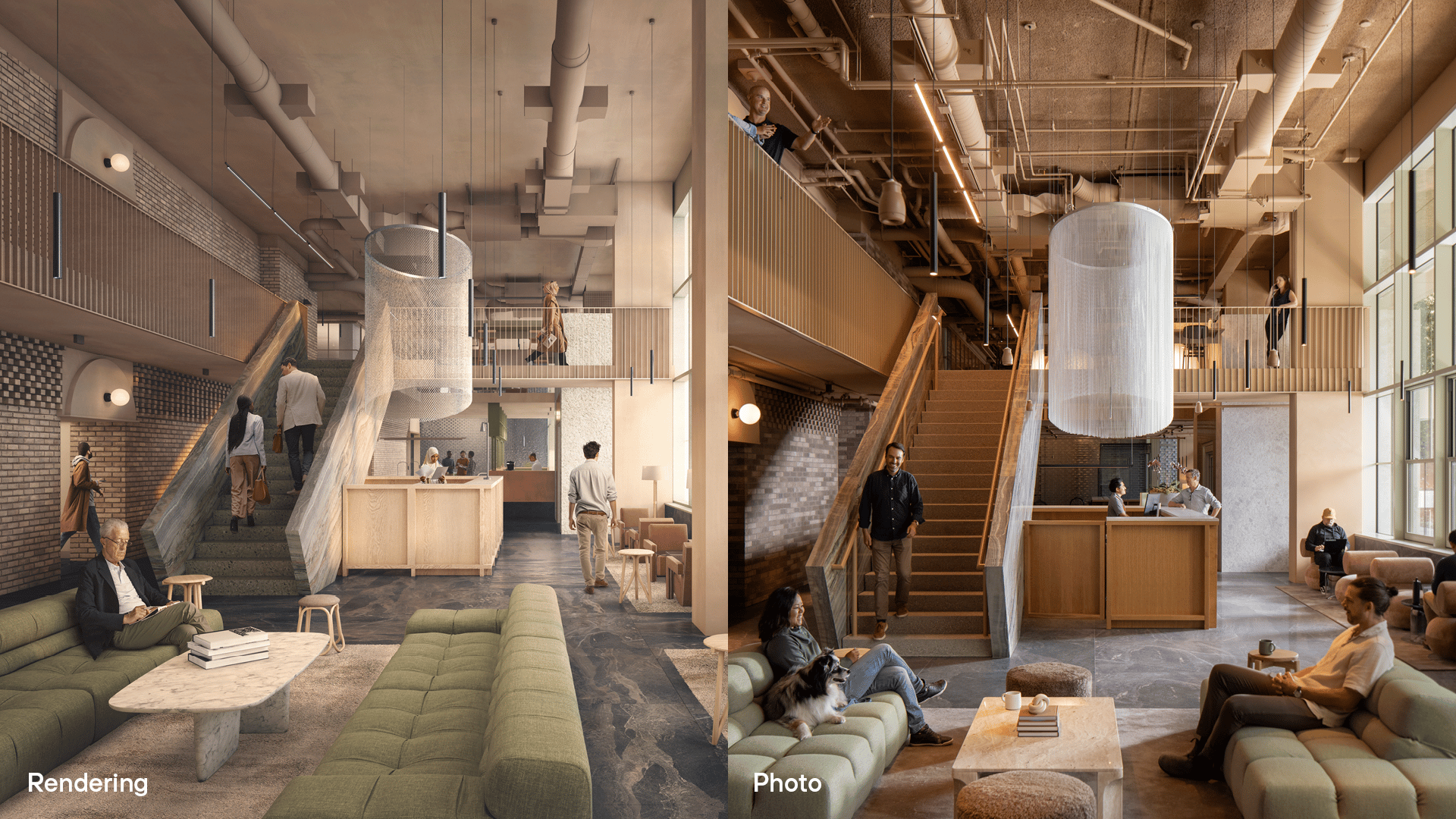 Modern office lounge with green sofas, wooden reception, and industrial ceiling design.