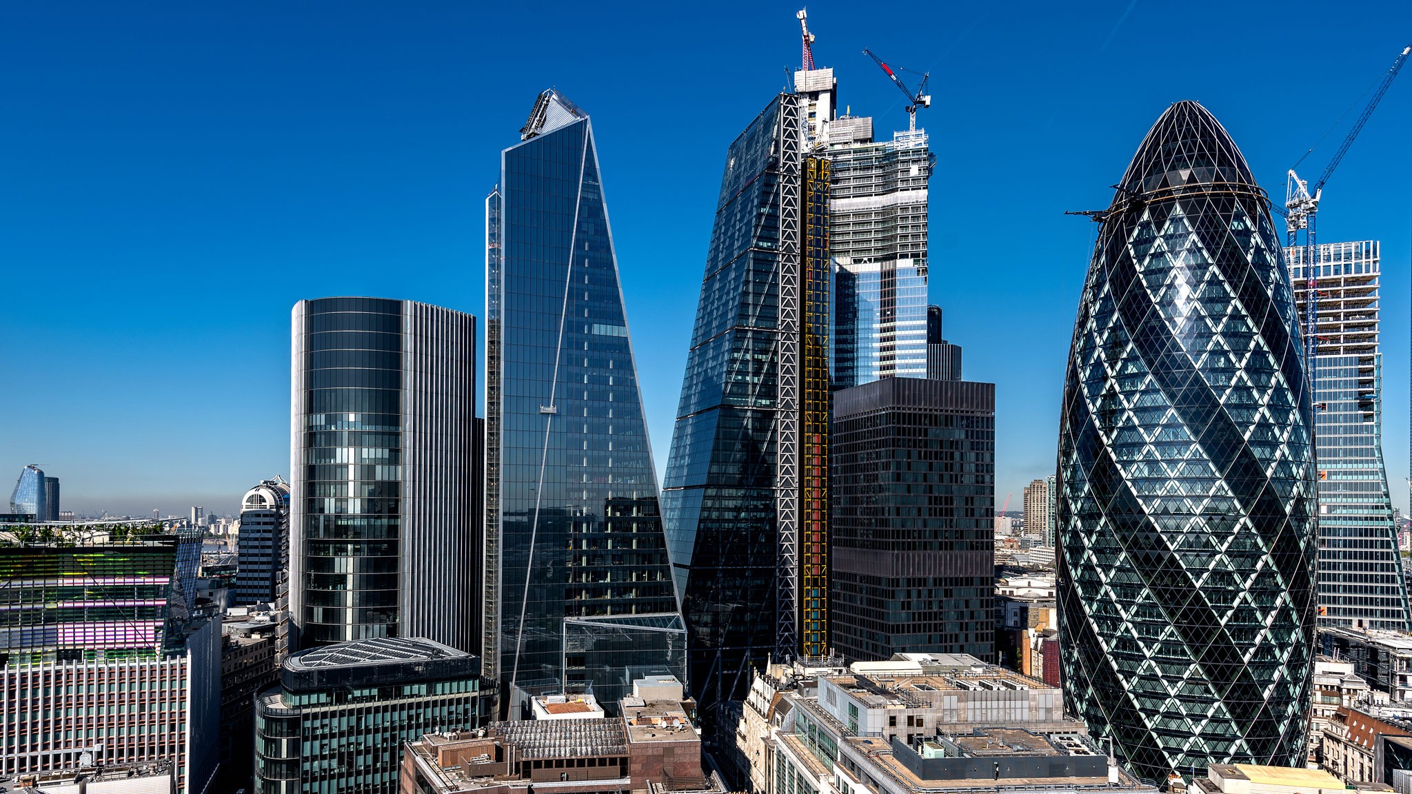 The Scalpel London skyline featuring modern skyscrapers, including the iconic Gherkin building.