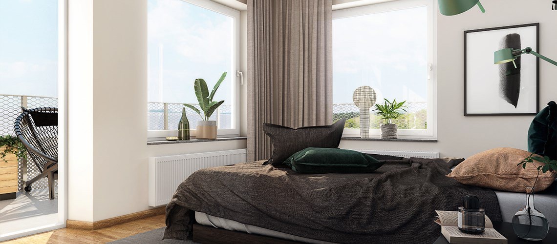 Bedroom. Modern bedroom with large windows, neutral-toned bedding, and plants, offering a cozy atmosphere.