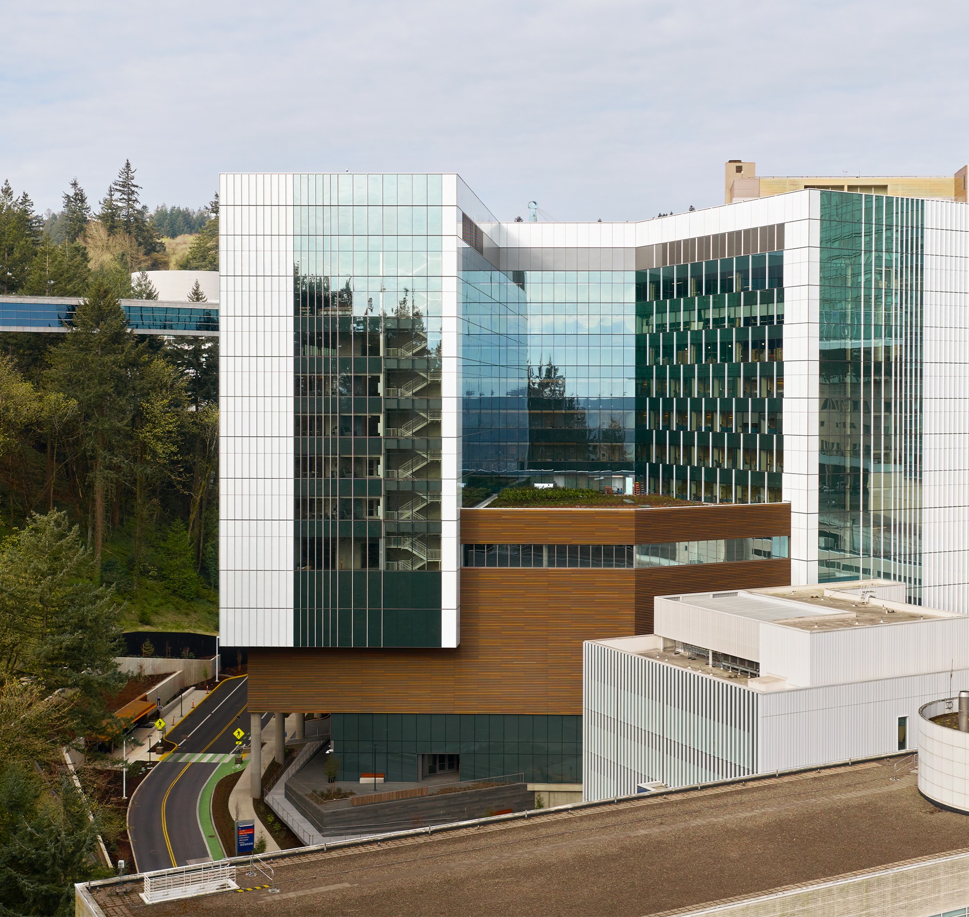 Modern Glass Hospital Building Surrounded by Trees and Roads Modern hospital building with glass windows surrounded by trees and a curved road.