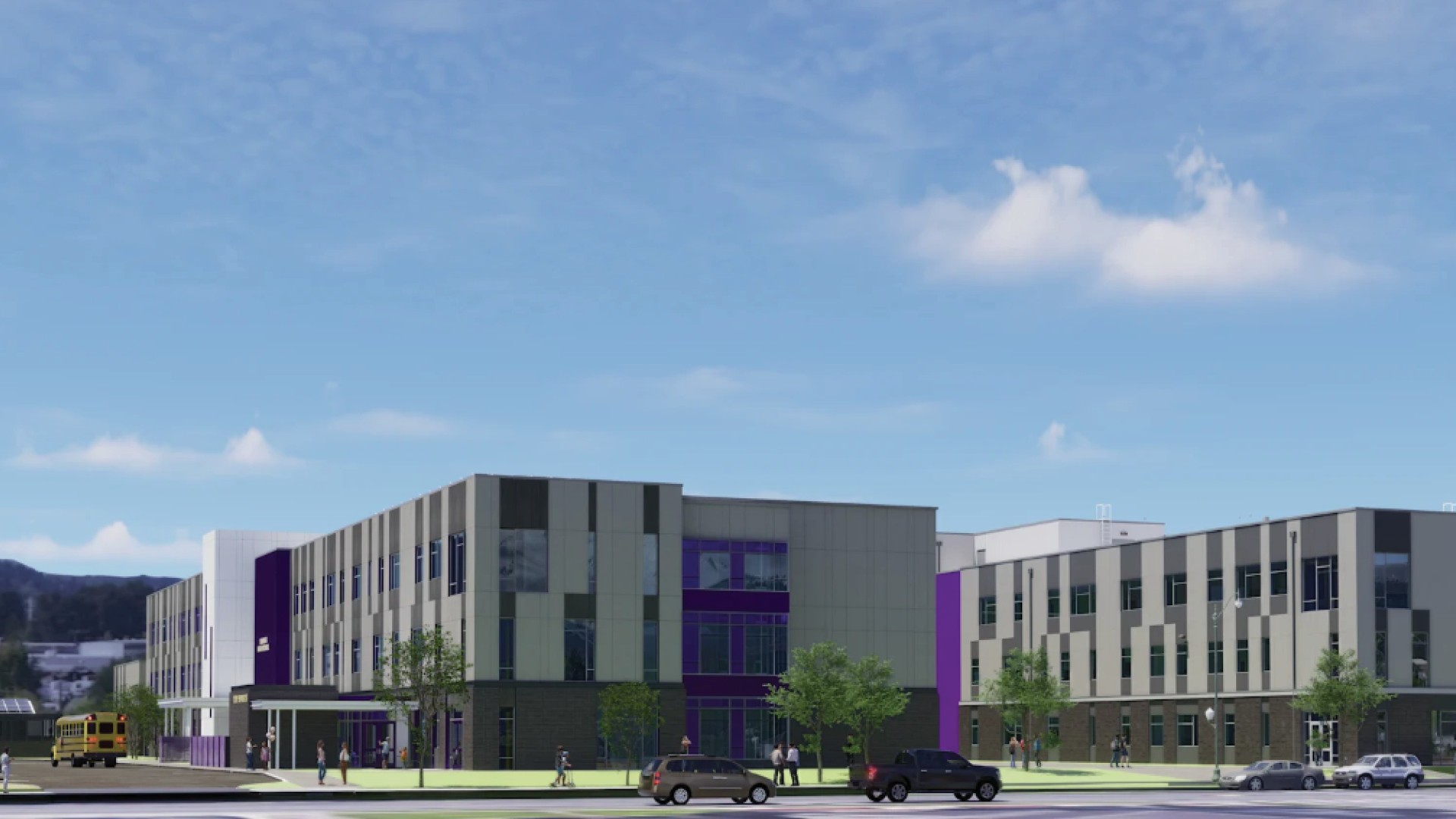 Sumner High School Campus Expansion Arrival and Parking Area Rendering Modern school building with students and cars under a clear blue sky.