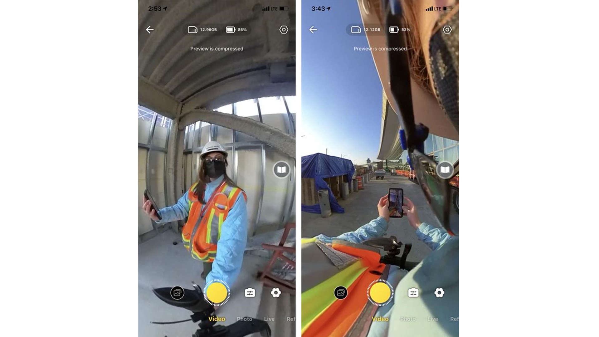 Construction Worker Using GoPro for Hands-Free Video Recording Construction worker in safety gear recording video with smartphone on site, indoors and outdoors.