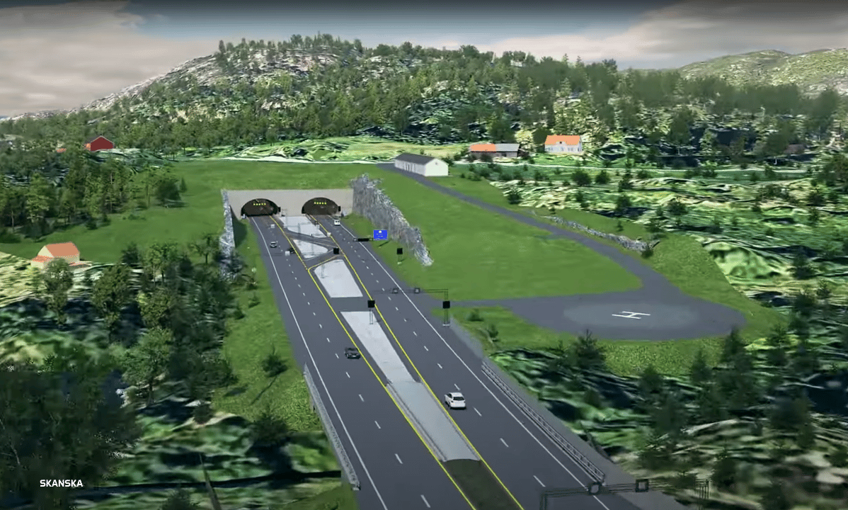 Illustrasjon Digital gjengivelse av en motorvei som leder inn i en tvilling-tunnelinngang omgitt av grøntområder.