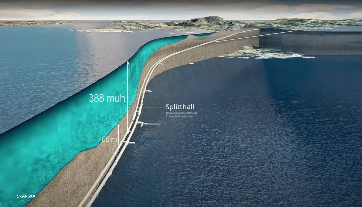 Illustrasjon Illustrasjon av en damkonstruksjon med vannivåer merket ved 388 meter under havet.