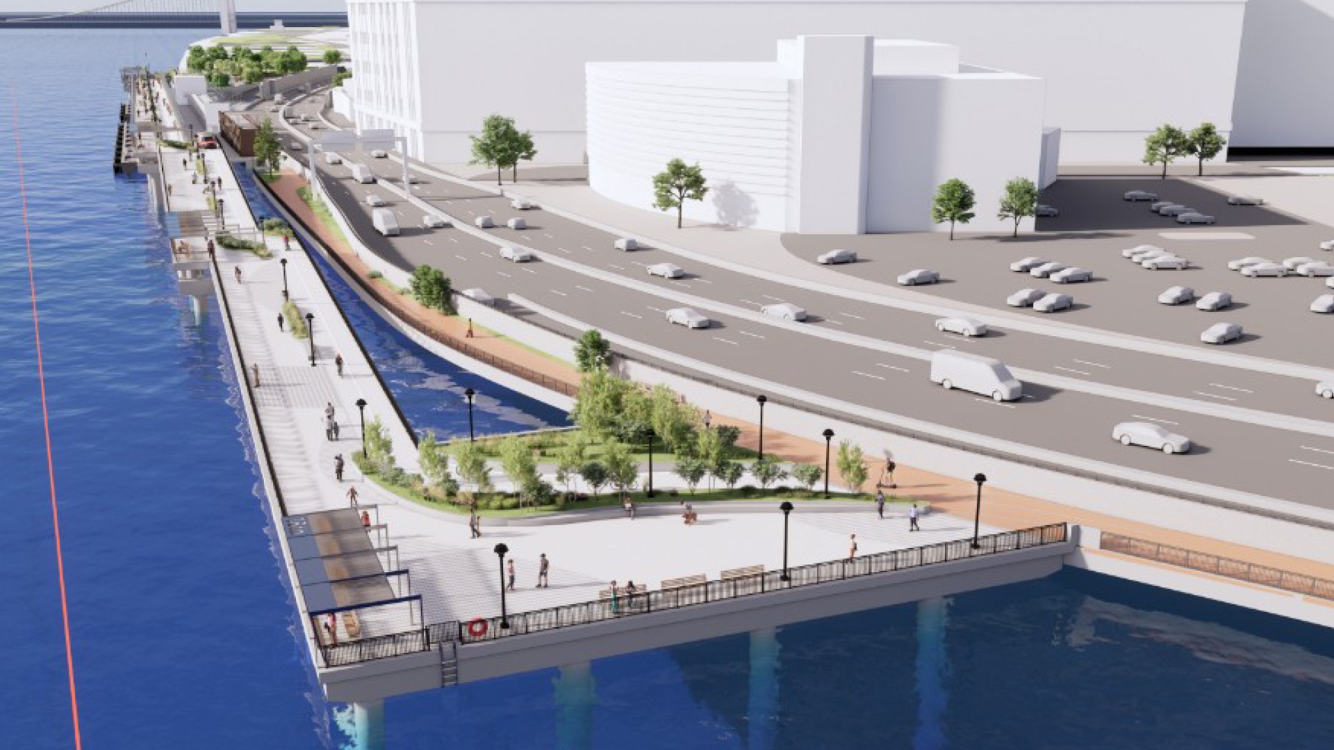 14th Street Connector Rendering Waterfront urban park with walking paths, greenery, and adjacent highway traffic.