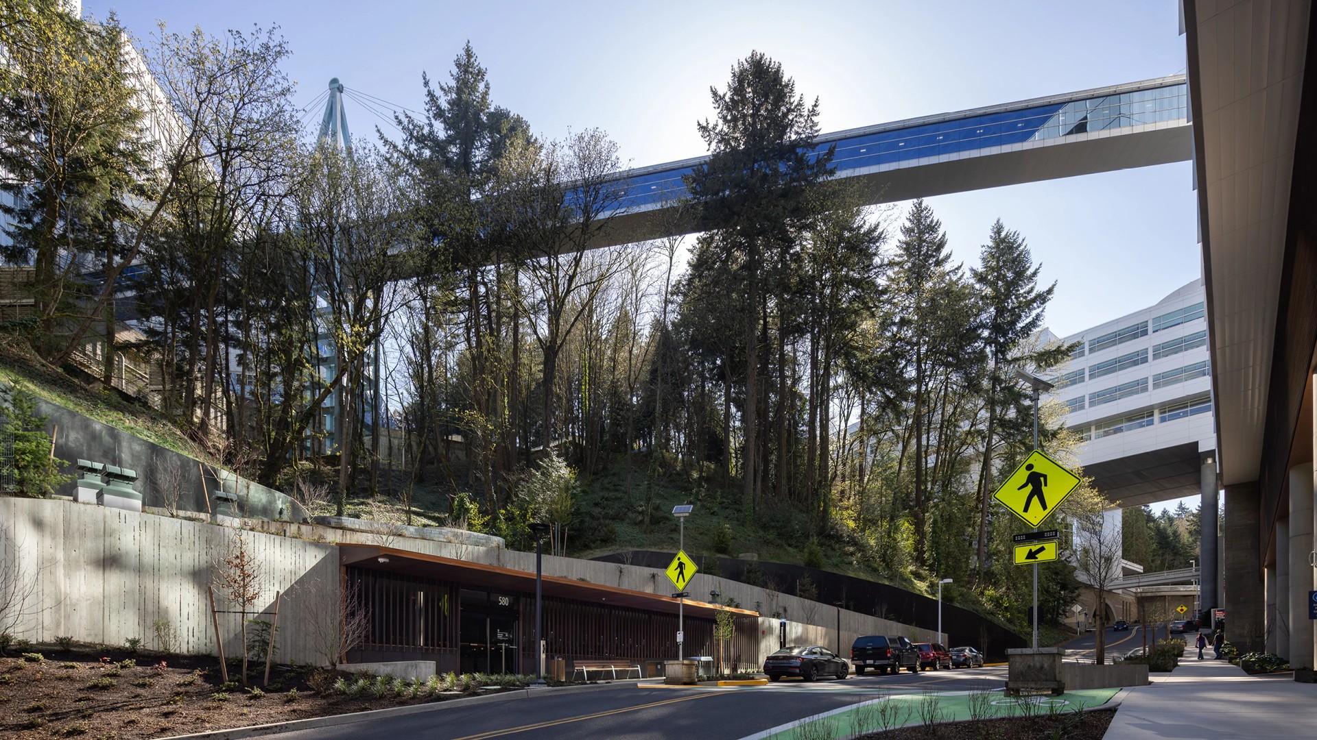 Modern pedestrian bridge spans over a tree-lined urban road with clear signage.