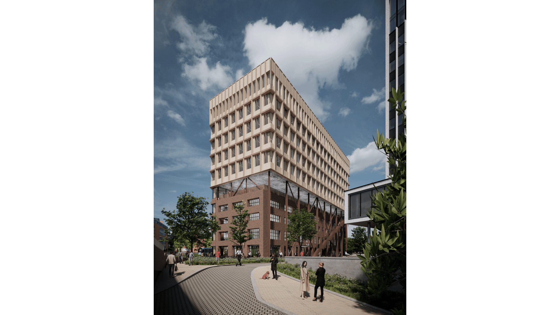 Moderne urban bygning med unik arkitektonisk design Moderne bygning med en unik geometrisk design, omgitt av grøntområder og fotgjengere.