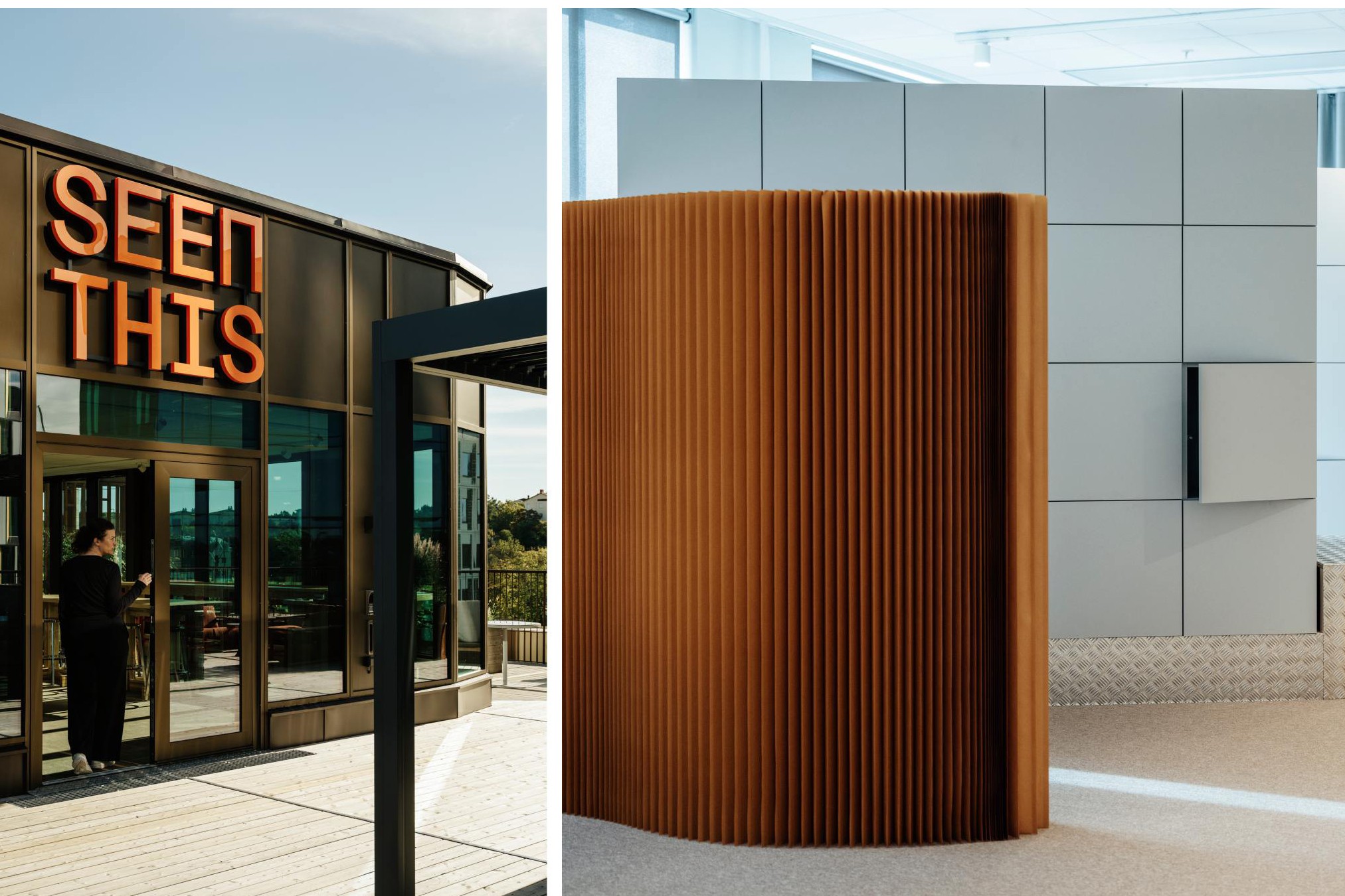 Modern arkitektur med djärv skyltning och inredningsdesign Modern byggnadsentré med skylten "SEEN THIS"; interiören har en böjd, texturerad avdelare.