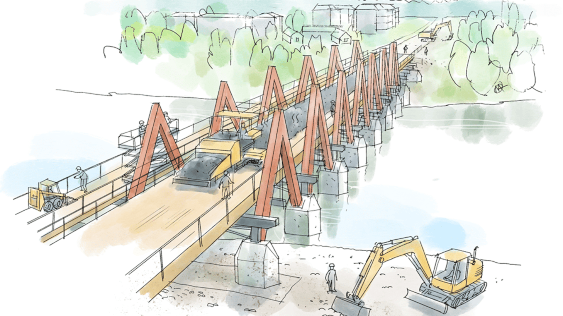 Illustration av slutskedet i byggnationen av Karlgårdsbron med asfaltering, gångbanor och maskiner på bron.