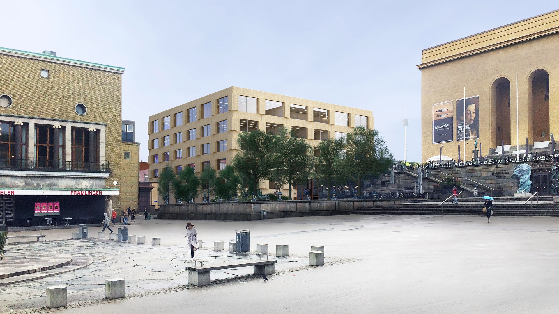 På uppdrag av Akademiska hus genomför Skanska ett stort om- och nybyggnadsarbete för Konstnärliga fakulteten vid Göteborgs universitet. Modern urban plaza med en blandning av samtida och traditionell arkitektur, med träd.