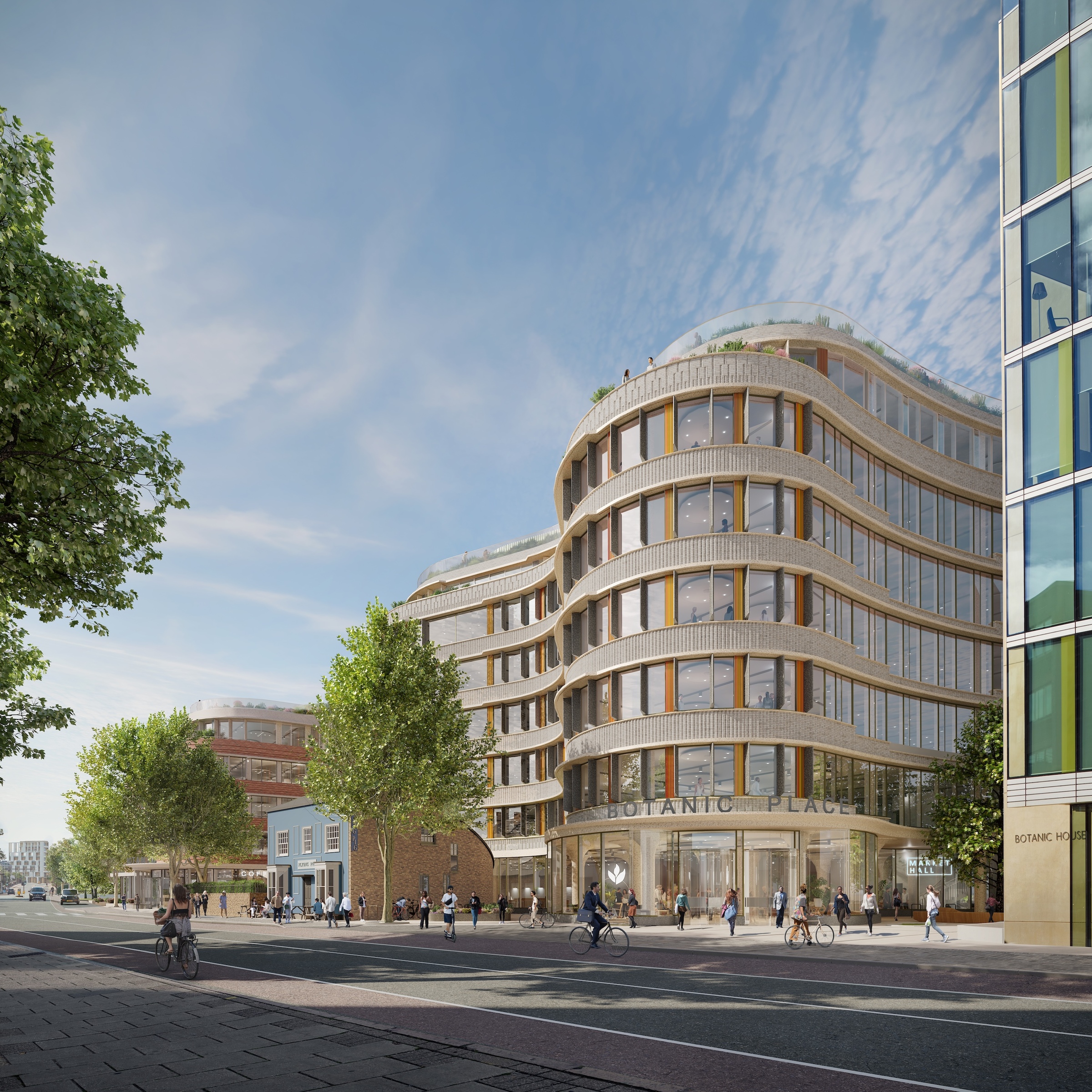 Modern curved building "Botanic Place" with glass facade, trees, cyclists, and pedestrians nearby.