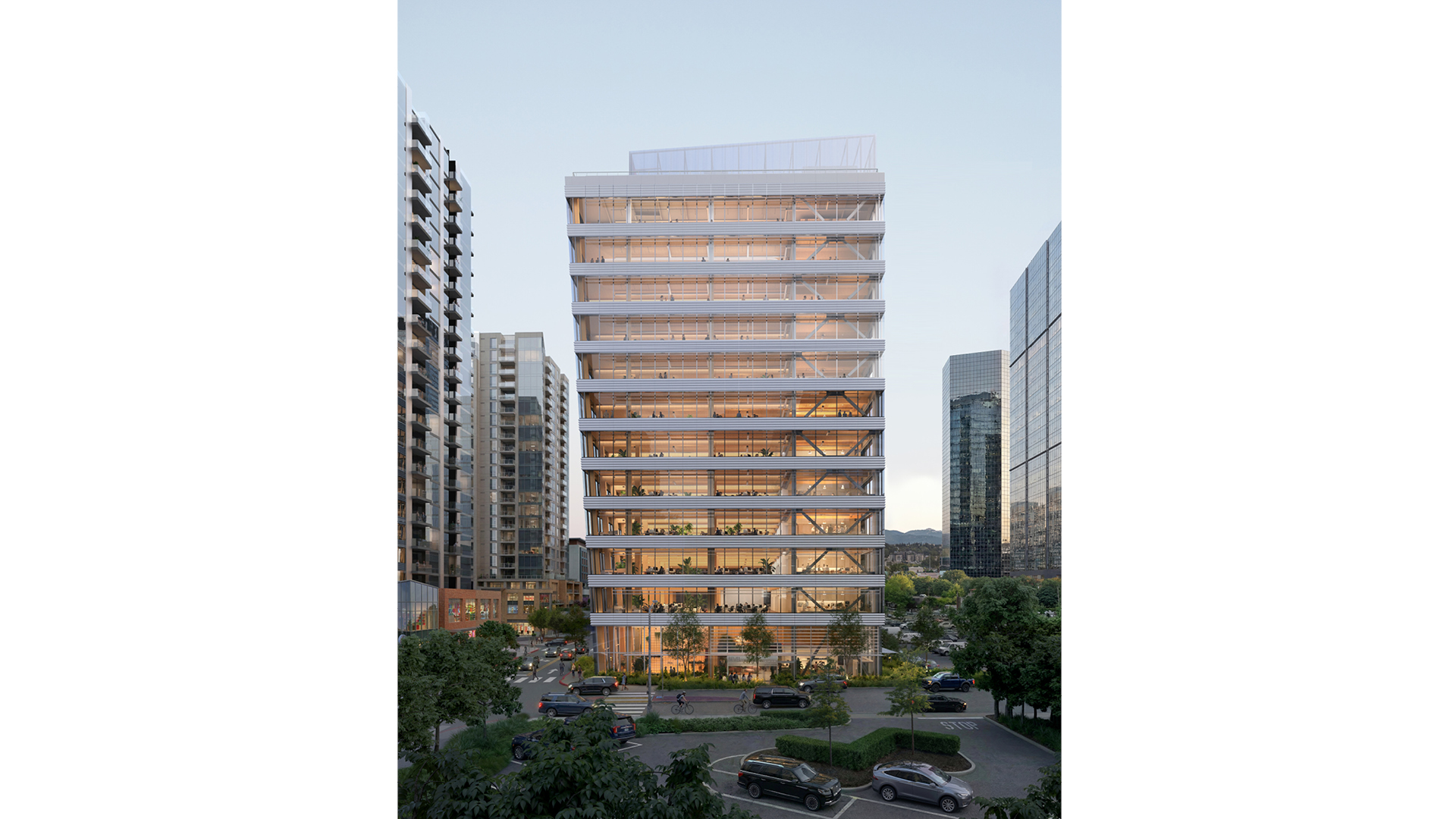 Exterior visualization of the proposed Bevel mass-timber office tower in Bellevue.