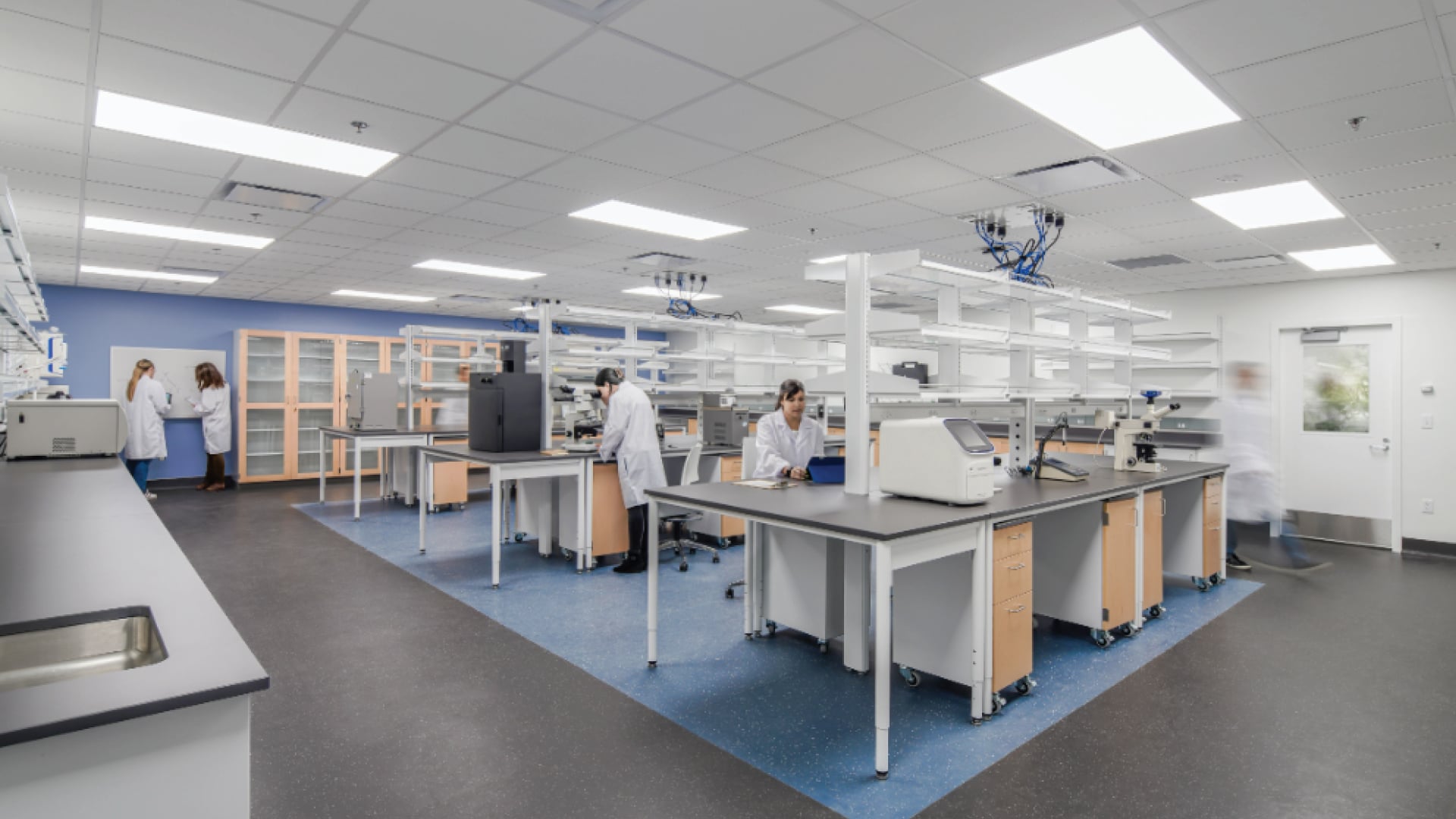 Modern laboratory with scientists working at benches, equipped with advanced instruments.