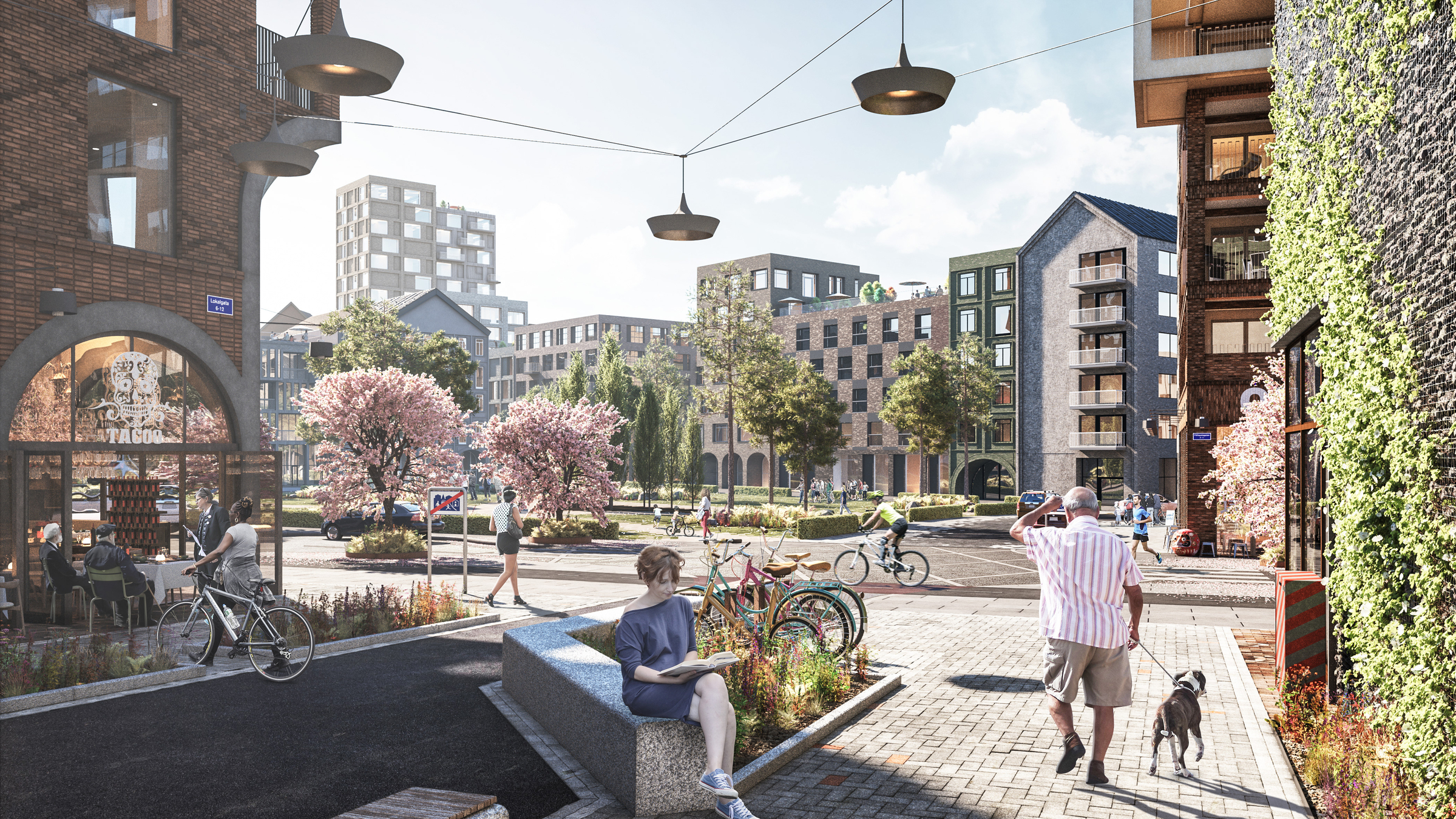 Visionen av den nya stadsdelen Södra Änggården. Bild av Okidoki Arkitekter. Modern stadsparkscen med olika fotgängare, cyklar och samtida byggnader.